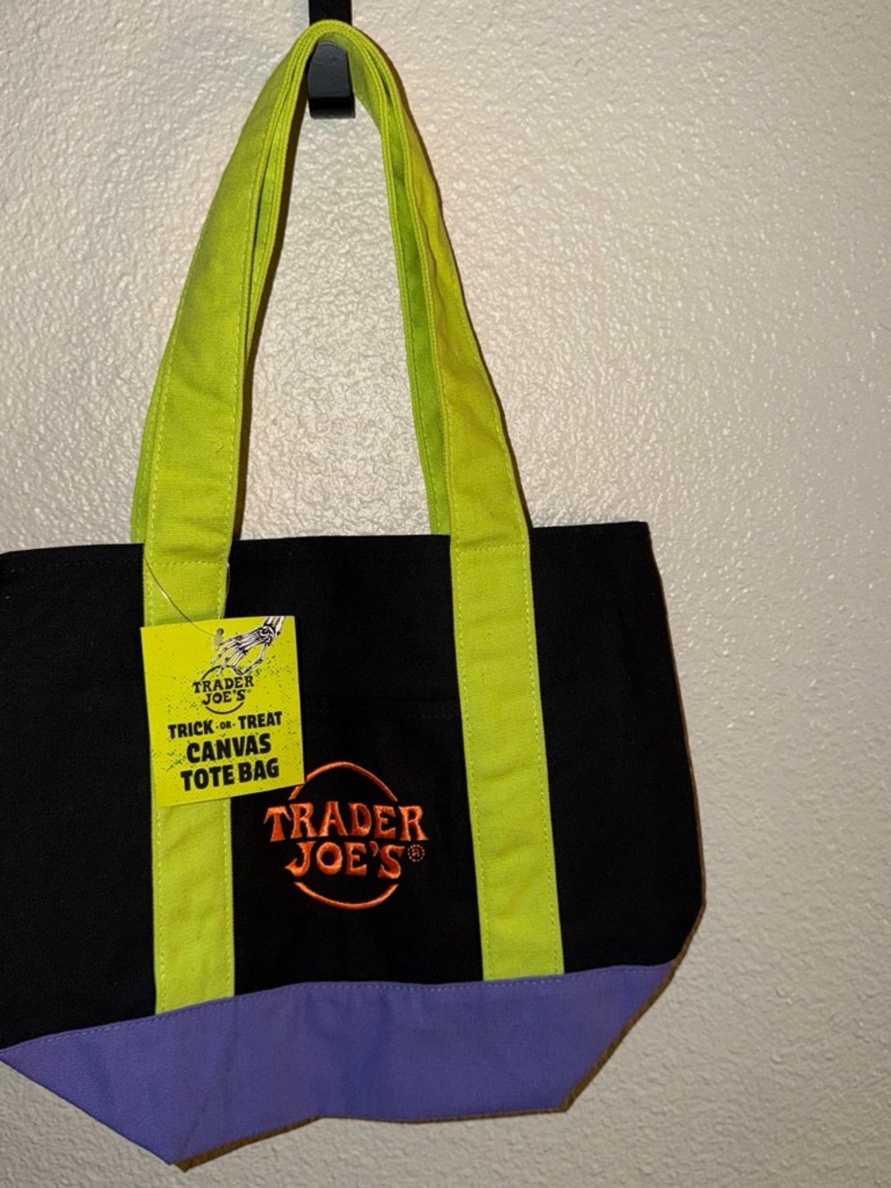 Trader Joe’s Black Canvas Tote with Lime Handles and Purple Base